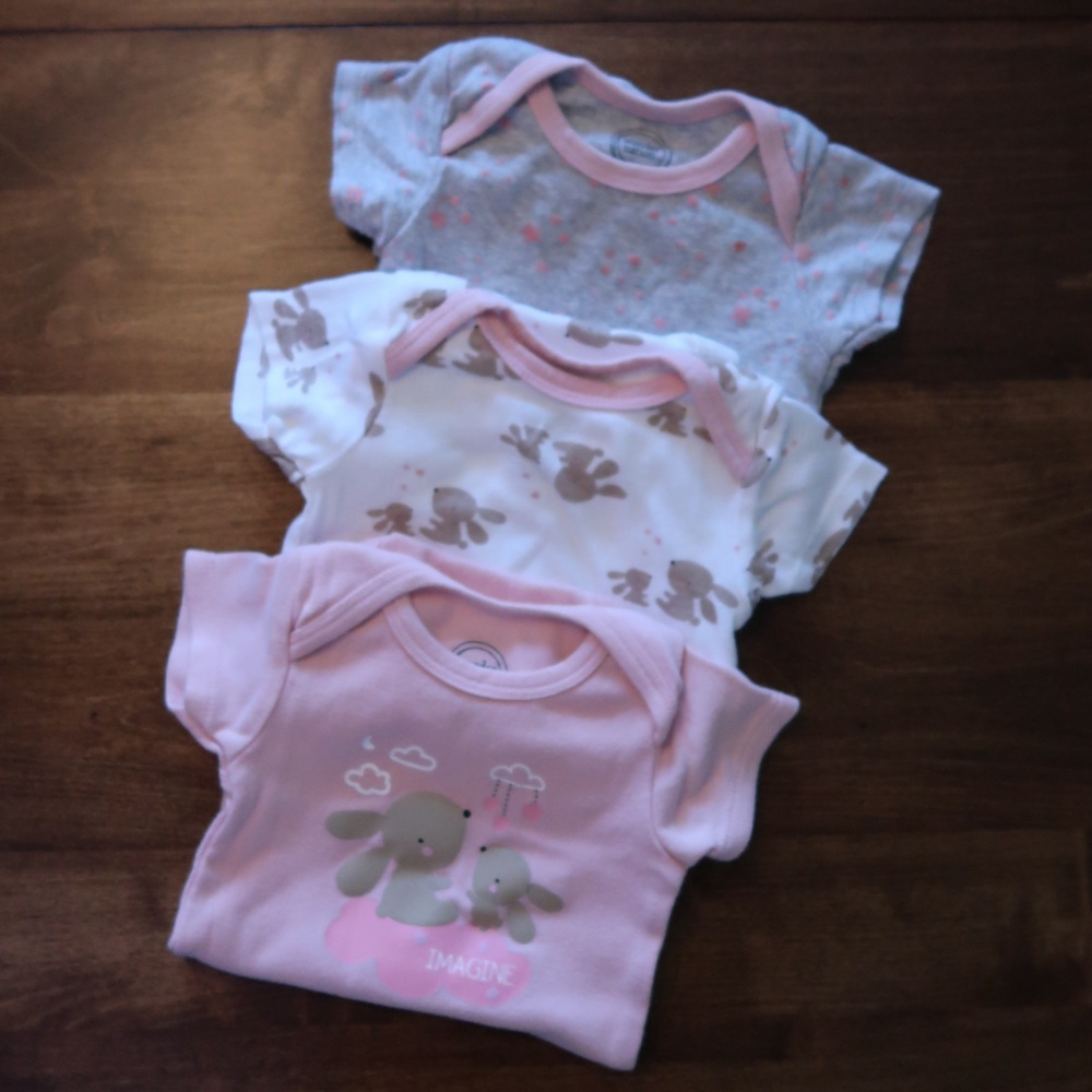Wonder Nation Bunny Print Baby Onesie Set of Three Pink, White, Gray